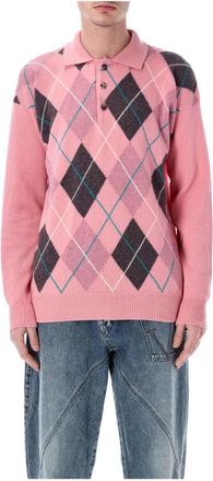 J.W.Anderson Argyle Gebreide Poloshirt Trui - Heren - Ronde hals truien - Veelkleurig - M - Wol - Truien & Vesten