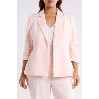Tahari by ASL Faux Pearl Detail Ruched Sleeve Blazer in Tea Rose at Nordstrom, Size 20W