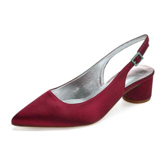 Generic Wedding Bridal Shoes Women Chunky Block Satin Low Heels Pointed Toe Slingback Evening Party Prom Office Shoes 4.5Cm,Burgundy,7 UK
