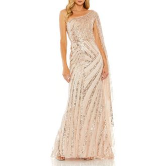 Mac Duggal One Shoulder Cape Sleeve Embellished Gown in Rose Gold at Nordstrom, Size 16