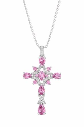 Savvy Cie Jewels STERLING SILVER.925 WHITE CZ AND RHODOLITE CZ CROSS PENDANT NECKLACE