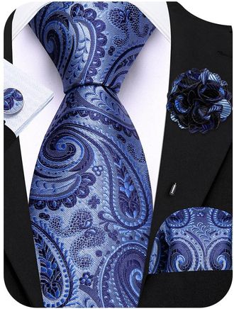 Barry.Wang Blue Paisley Tie and Lapel Pin Set 63 Silk Extra Long Necktie Pocket Square Cufflinks Wedding Party