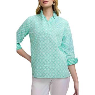 Foxcroft Tammy Geo Lattice Print Ruffle Collar Top in Green/White at Nordstrom, Size X-Small