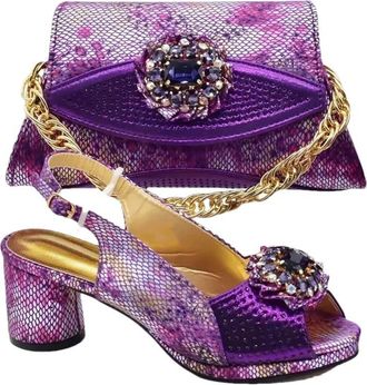 Generic Womens Luxury Shoe and Bag Set Thick Heel Shoes and Gold Chain Handbag Sparkly Rhinestone Flowers Mesh Decoration