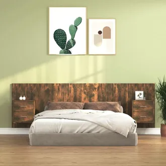 vidaXL Cabecero De Cama Y Mesitas Madera Contrachapada Roble Ahumado Vidaxl