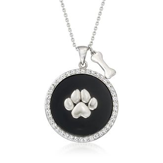 Ross-Simons Black Onyx and White Topaz Dog Paw Pendant Necklace in Sterling Silver