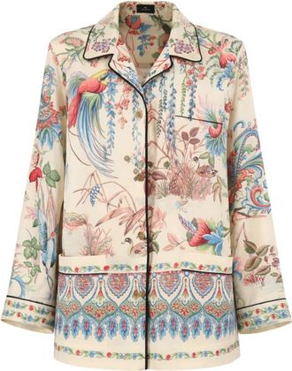 Etro Twill overhemd met geplaatste flora- en fauna print - Dames - Overhemden - Veelkleurig - M - Polyester - Overhemden