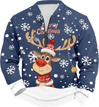 Generic Christmas Jumpers for Men Holiday 1/4 zip Jumper Mens Winter Mens Casual Print Christmas Jumper Long Sleeve Stand-Up Collar Velvet Collar Sweatshirt F