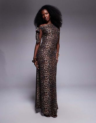 South Beach Vestito lungo da mare in rete con stampa leopardata-Marrone