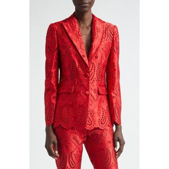 Etro Paisley Eyelet Duchess Satin Blazer in Red at Nordstrom, Size 42