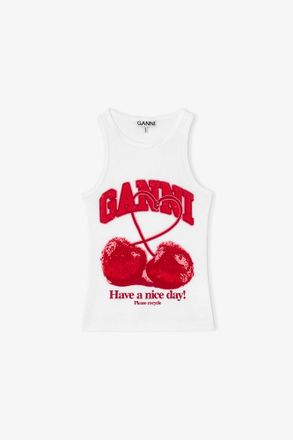 Ganni White Tank Top with Cherry - Size XXS Organic Cotton