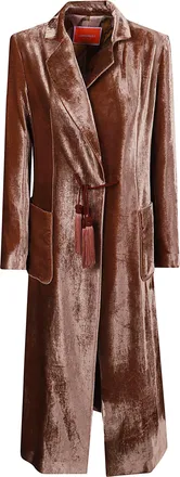 La DoubleJ Glossy Velvet Duster Coat with Double-Breasted Closure and Tailored Silhouette