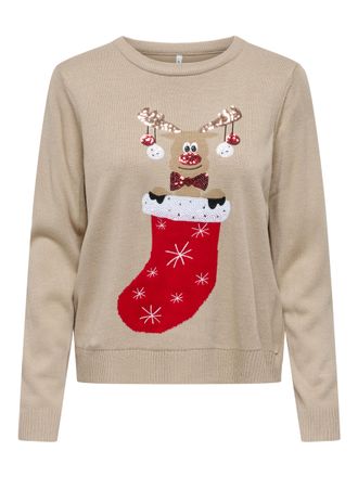 Only Weihnachtspullover ONLY ONLXMAS SHINE LS ONECK KNT, Damen, Gr. S, humus detail:christmas sock, Strick, Obermaterial: 100% Polyacryl, gemustert, regula