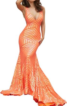 Jovani Low V Neck Sequin Sheath Dress In Neon Orange