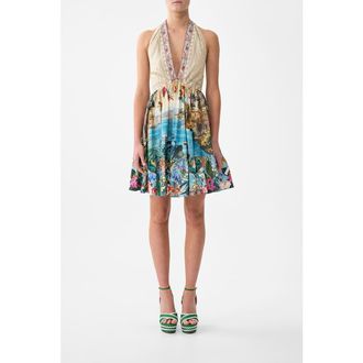 Camilla Ruffle Hem Halter Short Dress in Bodrum Botanicals at Nordstrom, Size Xx-Large Au