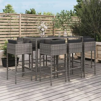 vidaXL Vidaxl - Mesa Y Taburetes Altos Jard&iacute;n 9 Pzas Y Cojines Rat&aacute;n Pe Gris