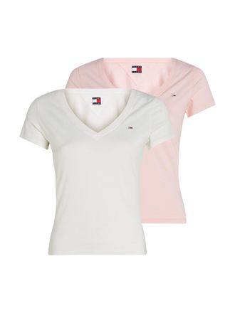 Tommy Jeans T-Shirt TOMMY JEANS TJW 2PACK V-NECK TEE, Damen, Gr. XS (34), rosa (ecru, precious pink), Jersey, Obermaterial: 100% Baumwolle, unifarben, regular fit
