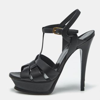 Saint Laurent Tribute Size 37.5 Black Leather Platform Sandals