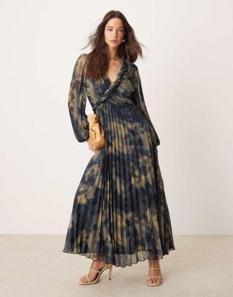 Asos twist detail wrap front pleated midi dress in blurred floral-Multi