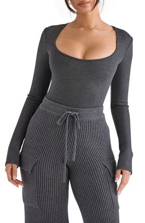 House of CB Marianna Long Sleeve Cotton Blend Bodysuit in Charcoal at Nordstrom, Size X-Small