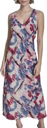 DKNY V Neck Panel Printed Linen Midi Dress