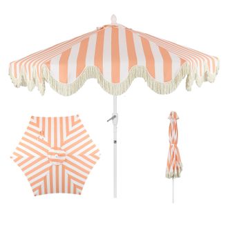 Jonathan Y Designs Collins 9 ft. Classic Cottage Fringe Tassel Market Patio Umbrella with Auto-Tilt Crank, Wind Vent and UV Protection in Black and White Stripe/Cream, W