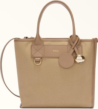 Furla Divide It Borsa Shopping S Naturale Marrone Tessuto Di Canvas + Pelle Di Vitello Morbida Donna