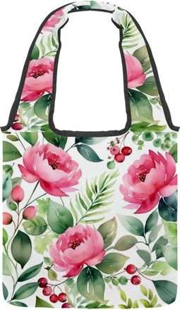 Generic Flowers and Green Leaves Reversible Canvas Shoulder Tote - Double-Sided Print, 12oz Cotton, 27cm Drop, Fold-Flat Bag for Travel, Shopping, Street Outi