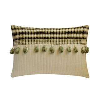 OEM Funda De Almohada Lumbar De 30 X 66 Cm (12 X 26 Pulgadas) En Color Beige Y Verde, Acolchada Con Retazos De Lino Y Borlas, Con Estampado De Rayas - Ket
