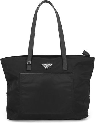 Prada Saffiano Black Nylon Leather Handbag Shopping Bag Tote Bag (Pre-Owned)