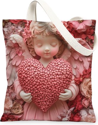 Generic 3D Valentines Day Angel Canvas Tote Bag for Shopping 13x15, Romantic Rose Love Heart Reusable Grocery Print Pattern Bag for Women, Holiday Beach Aesth
