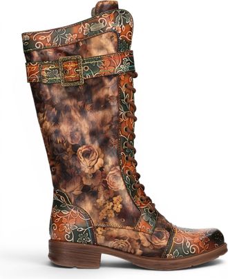 Laura Vita Womens Tan Floral Victorian Leather High Combat Long Boots - Anitao-21