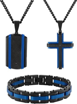 Robert Alton Black and Blue Mens Diamond Accent Stainless Steel Jewelry Set - Cross, Dog Tag & Bracelet