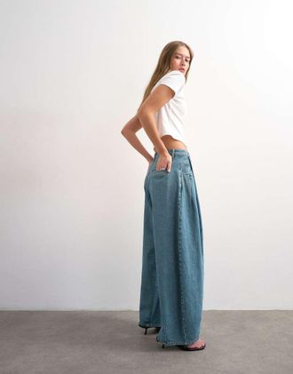 Topshop Cocoon - Jeans a vita medio alta con gamba cilindrica color verde cast-Blu