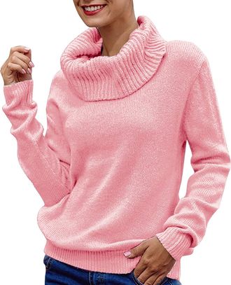 Generic Roll Neck Jumpers for Women UK Clearance Size 14 Sleeve Women Turtleneck Knitted Solid Jumper Pullover Sweater Long Top Blouse Womens Blouse Pink