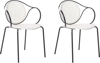 Beliani Set of 2 Garden Chairs Off-White and Black Steel Frame Stackable Ribbed Back Outdoor Patio Modern IKARIA