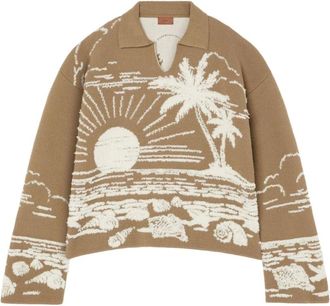 Alanui V-neck Knitwear, female, Beige, M, Khaki Intarsia Knit Polo Jumper