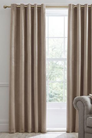 Laurence Llewelyn-Bowen Montrose Velvet Blackout-Coated Pair of Eyelet Curtains in Natural | Size: 229 cm width x 229 cm drop