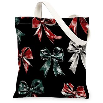 Generic Vintage Bows Canvas Tote Bag, Festive Ribbon Pattern Reusable Grocery Bag, Holiday Lightweight Washable Shoulder Strap Canvas Bags for Shopping, Outdo