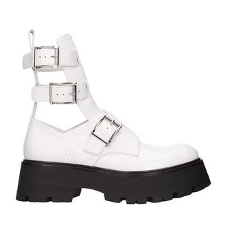 Alexander McQueen Schoenen, Dames, Wit, 41 EU, Leer, Leren Enkellaarzen met Verstelbare Gesp