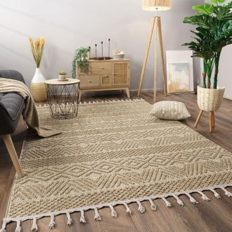 Paco Home Paco Home Alfombra Salon De Habitacion Pelo Corto Motivo Boho Chic Motivo Nordica Flecos 200x280 cm, Natura