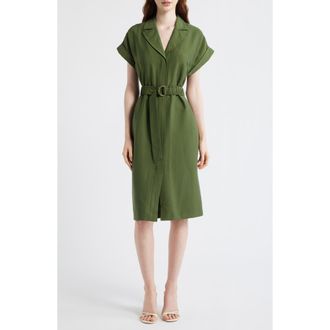 Vince Camuto Belted Woven Midi Shirtdress in Olive at Nordstrom, Size 14