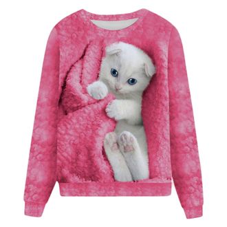 Generic Sweatshirts Women Animal Casual Loose Cute Cat Print Long Sleeve Round Neck Sweatshirt (M) Pink