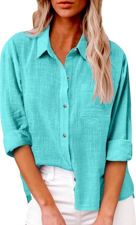 Generic Linen Button Down Shirt Women Dressy Casual Collared Long Sleeve Solid Color Blouse Lightweight Loose Tops with Pocket (Z01-Aqua, XXXL)