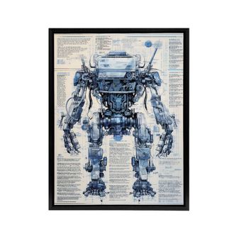 Artery8 Mech War Military Robot Schematic Framed Canvas Wall Art Print in Blue | Size: W24 x H32