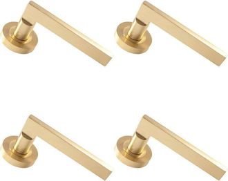 Loops 4x PAIR Straight Plinth Mounted Handle on Round Rose Concealed Fix Satin Brass