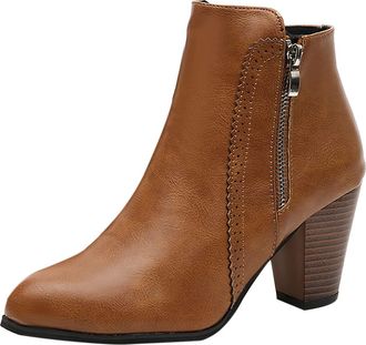 Generic Ankle Boots for Women Block Mid High Heel Boot Grip Sole Autumn Winter Warm Ankle Shoes Side Zip Retro Booties Slip-On Waterproof Trainers Casual Smar