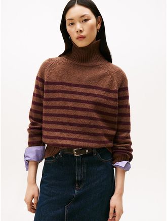 Tommy Hilfiger Womens Stripe Wool-Cashmere Turtleneck Sweater - Brown - S