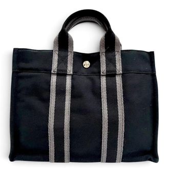 Herm&egrave;s Black Gray Cotton Handbag Tote Bag (Pre-Owned)