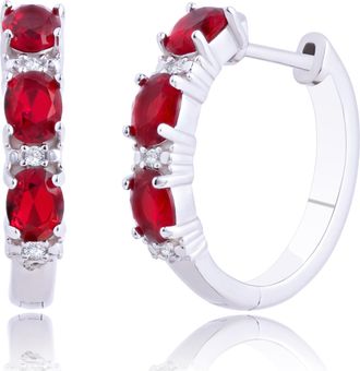 MAX + STONE 925 Sterling Silver Round Gemstone and Diamond Hoop Earrings